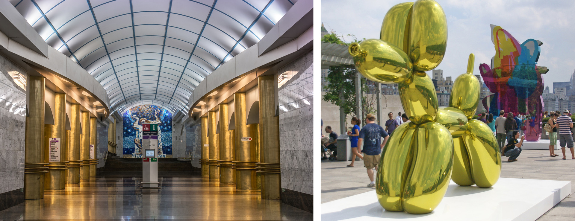 Tiang-tiang emas di Stasiun Mezhdunarodnaya mengingatkan warga setempat pada balon anjing karya seniman Amerika Jeff Koons.