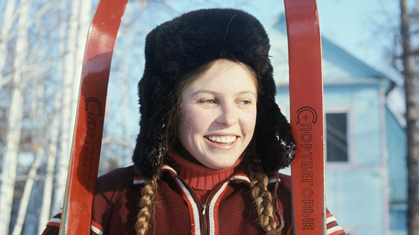 USSR, Chelyabinsk region,  January 31, 1977. Schoolgirl Larisa Ivanova at the Abzakovo cross-country ski resort. 