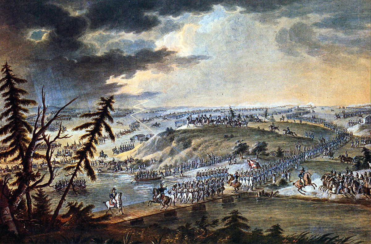 Exército napoleônico cruzando o rio Neman
