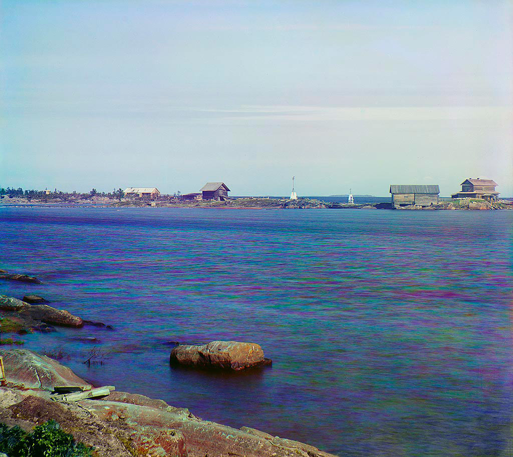 View of Kem Bay & Popov Island, with Solovetsky Monastery warehouses. Summer 1916