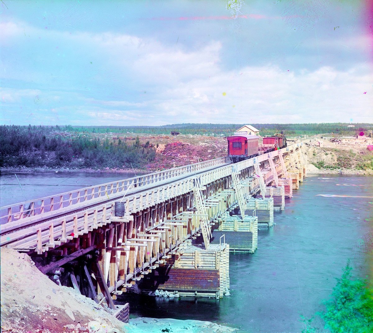 Railroad bridge seen from right bank of Kem River in the direction of Murmansk. Summer 1916