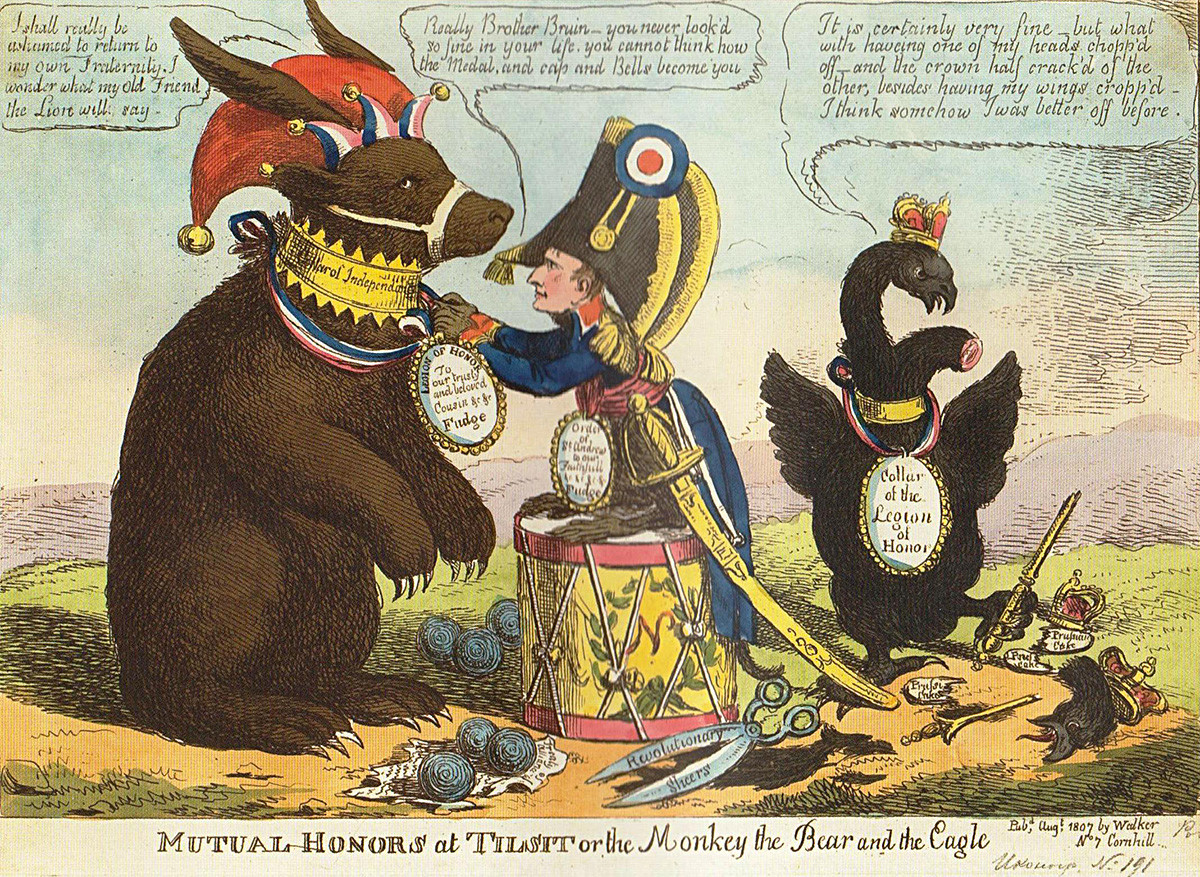 Charles Williams. Uzajamna počast u Tilzitu, ili Majmun, medvjed i orao. 1807. Obojeni bakropis.

