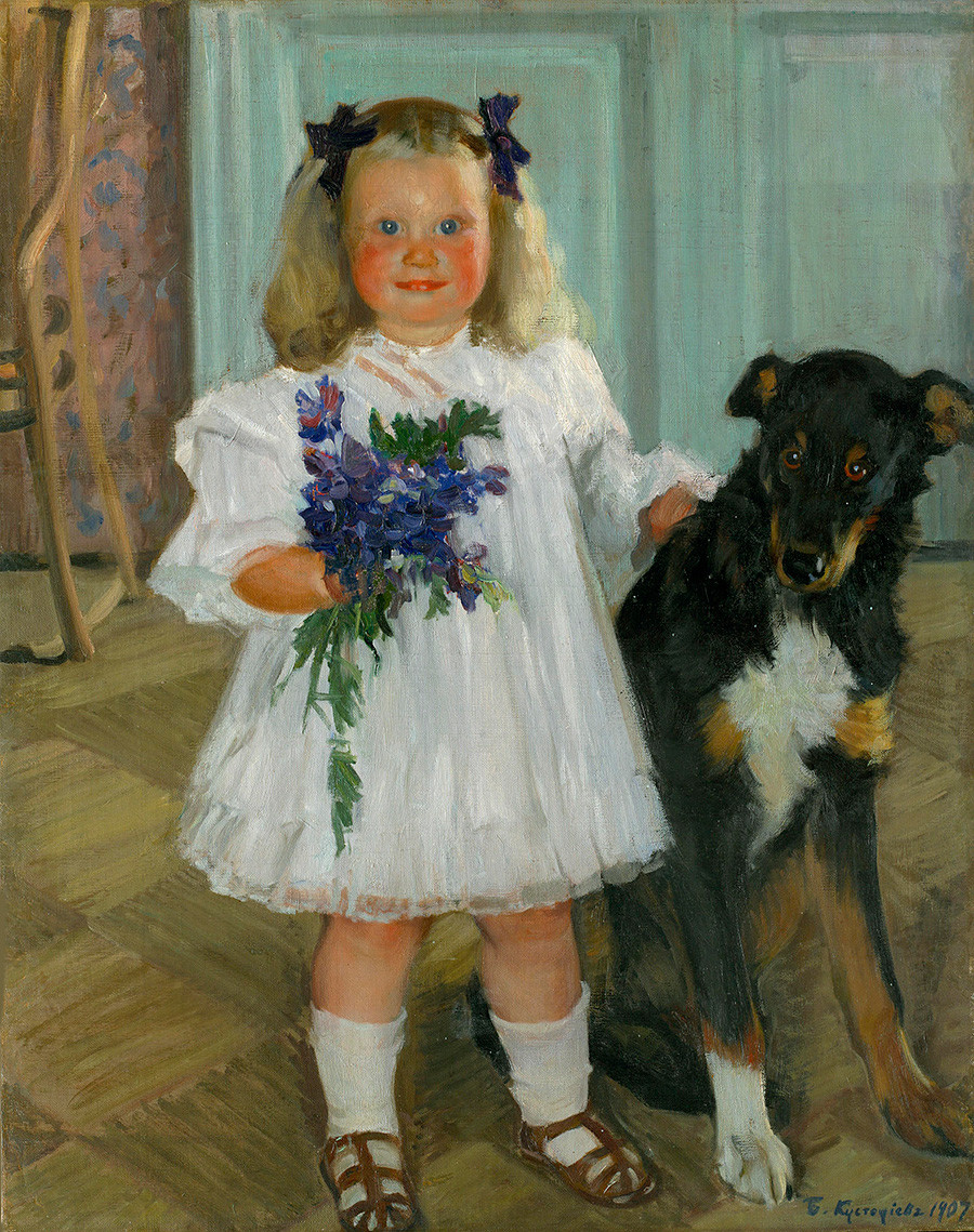 'Portrait of Irina Kustodiev with the dog Shumka'. Boris Kustodiev. 1907.