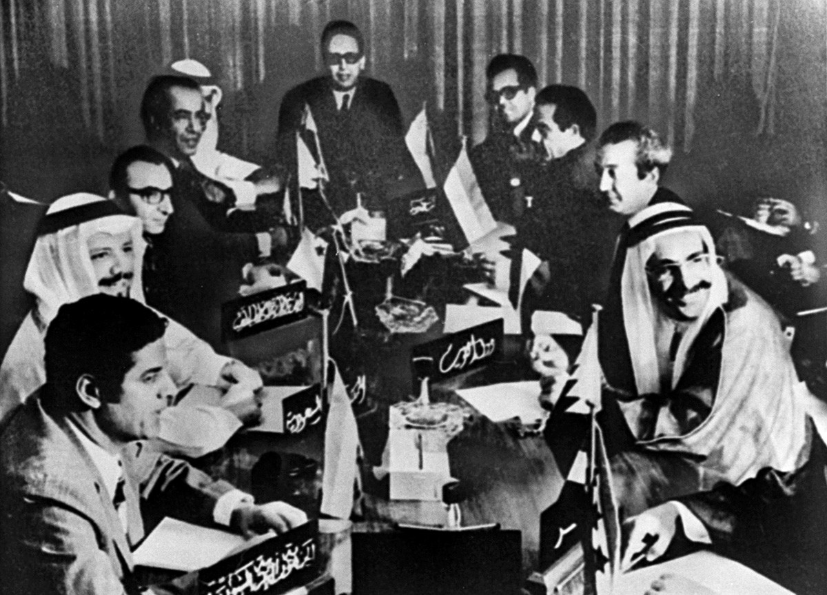 An unidentified group of ministers of Arab oil nations opens a conference in Kuwait on Oct. 17, 1973. The Arab oil nations, joined by Egypt and Syria, met to discuss the use of oil as a weapon against the United States in the Middle East war. 