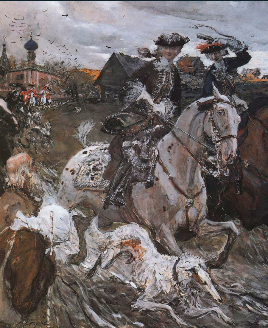 «Пётр II и цесаревна Елизавета на псовой охоте». Валентин Серов. 1900.