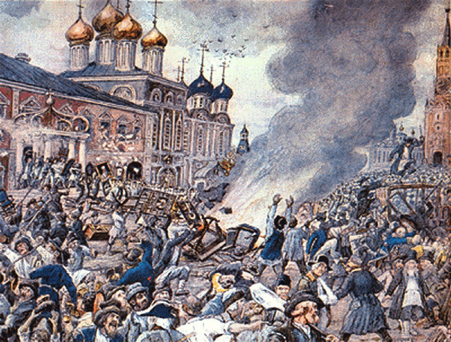 Plague Riot in Moscow in 1771, a 1930s watercolor by E. Lissner