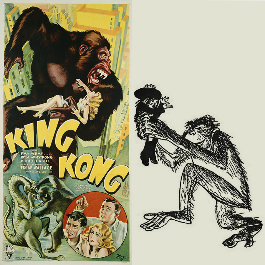 左側は『キングコング』のポスター。右側は童話『クロコダイル』からの絵