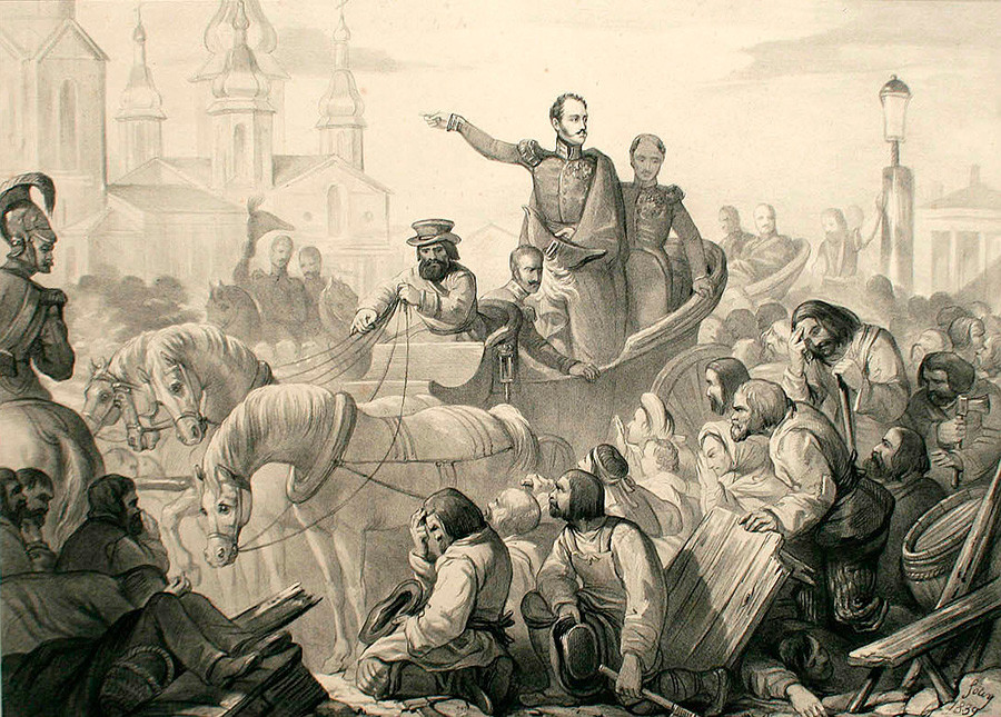 Nikolay I saat kerusuhan kolera di Lapangan Sennaya, Sankt Peterburg.