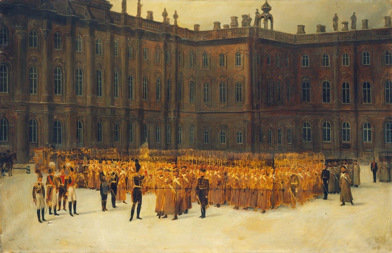 Nicolas Ier devant une formation de gardes du corps du Bataillon des sapeurs, dans la cour du Palais d'Hiver, le 14 décembre 1825.
