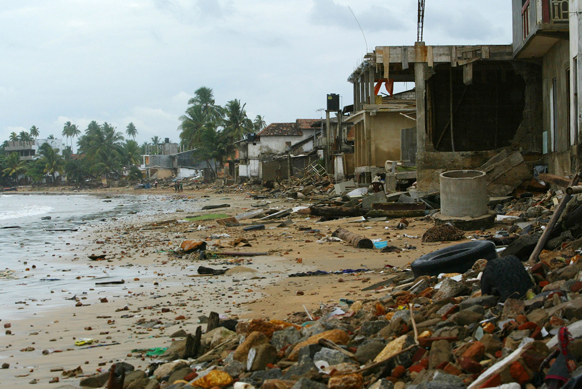 Debris from tsunami is scattered around Sri Lanka's Unawatuna beach.