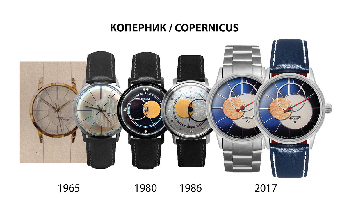 Desain jam tangan Raketa Copernicus dari waktu ke waktu.