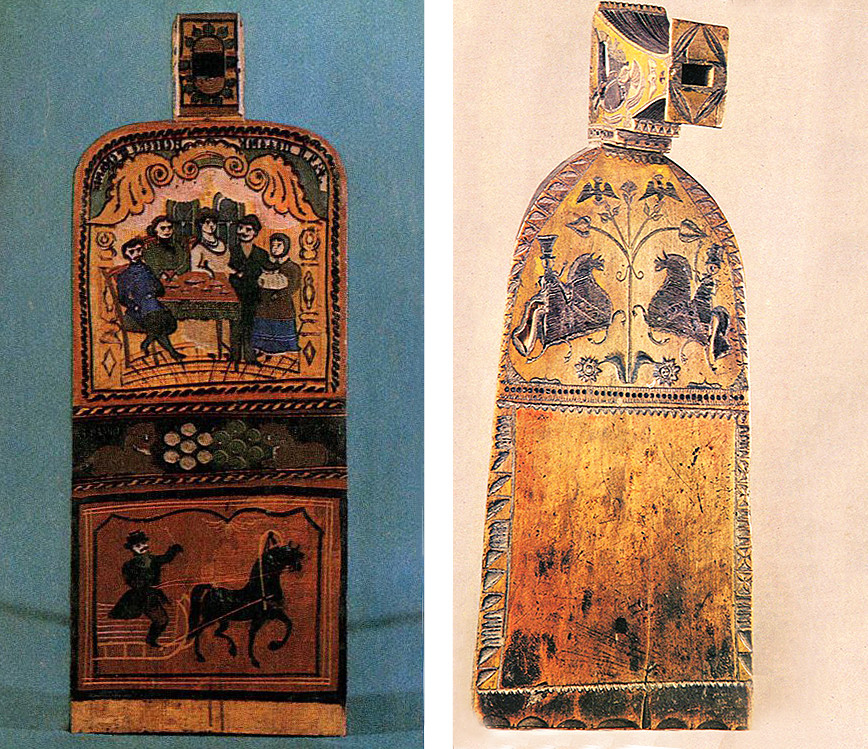 Gorodets style of carving (R) and painting