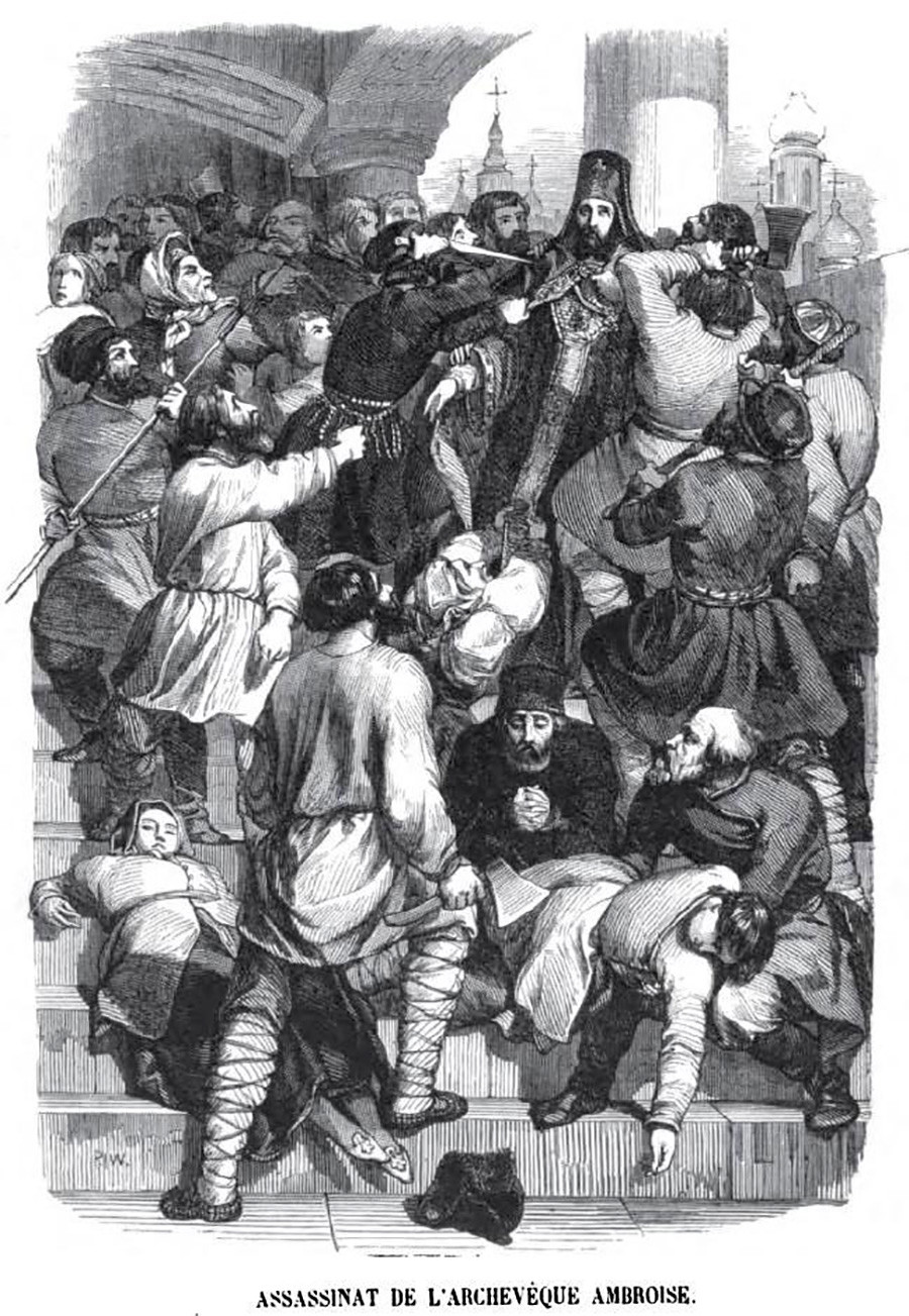 Убийството на архиепископ Амвросий, гравюра от Шарл Мишел Жоффруа, 1845 г.