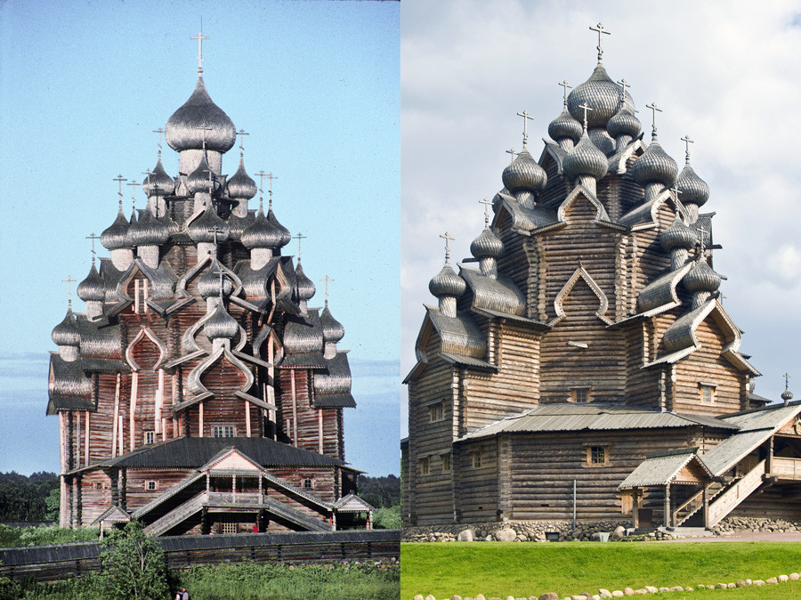 Kizhi. Iglesia de la Transfiguración, vista oeste. 13 de julio de 1993. A la derecha: Bogoslovka. Iglesia de la Intercesión, vista noroeste. 17 de agosto de 2009.