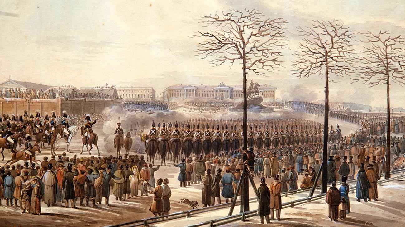 サンクトペテルブルクの元老院広場、1825年12月14日