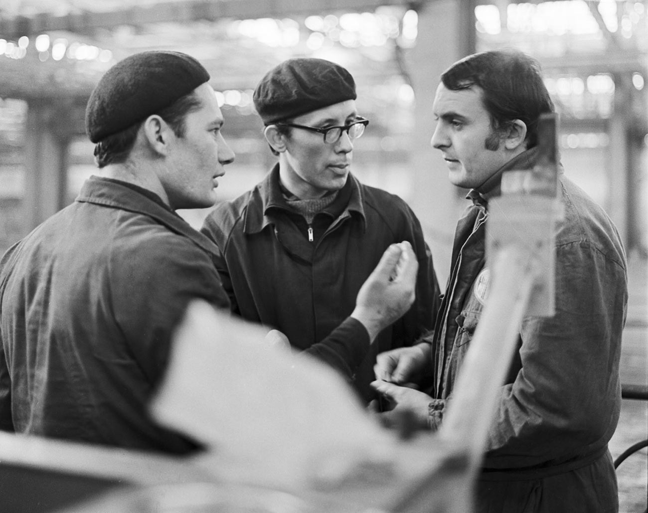 Russian and Italian engineers talk to each other at the new factory in Tolyatti, Russia.