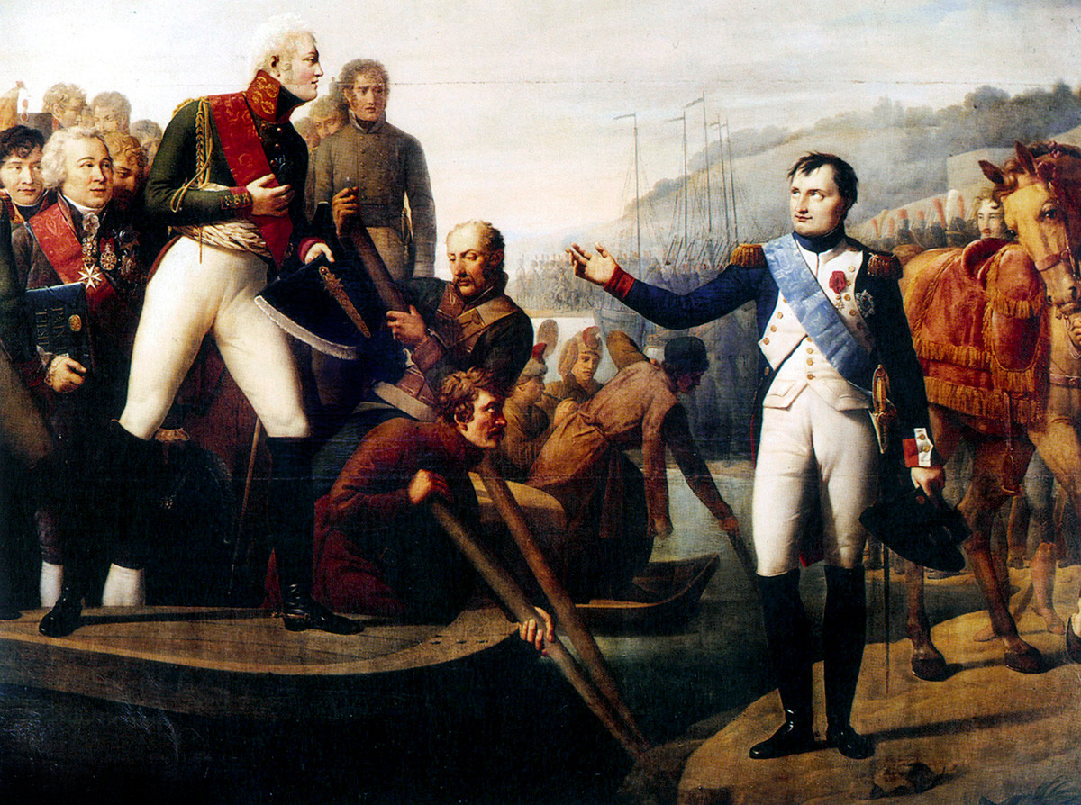 Император Александр и Наполеон во время заключения мира в Тильзите в 1807 году.
