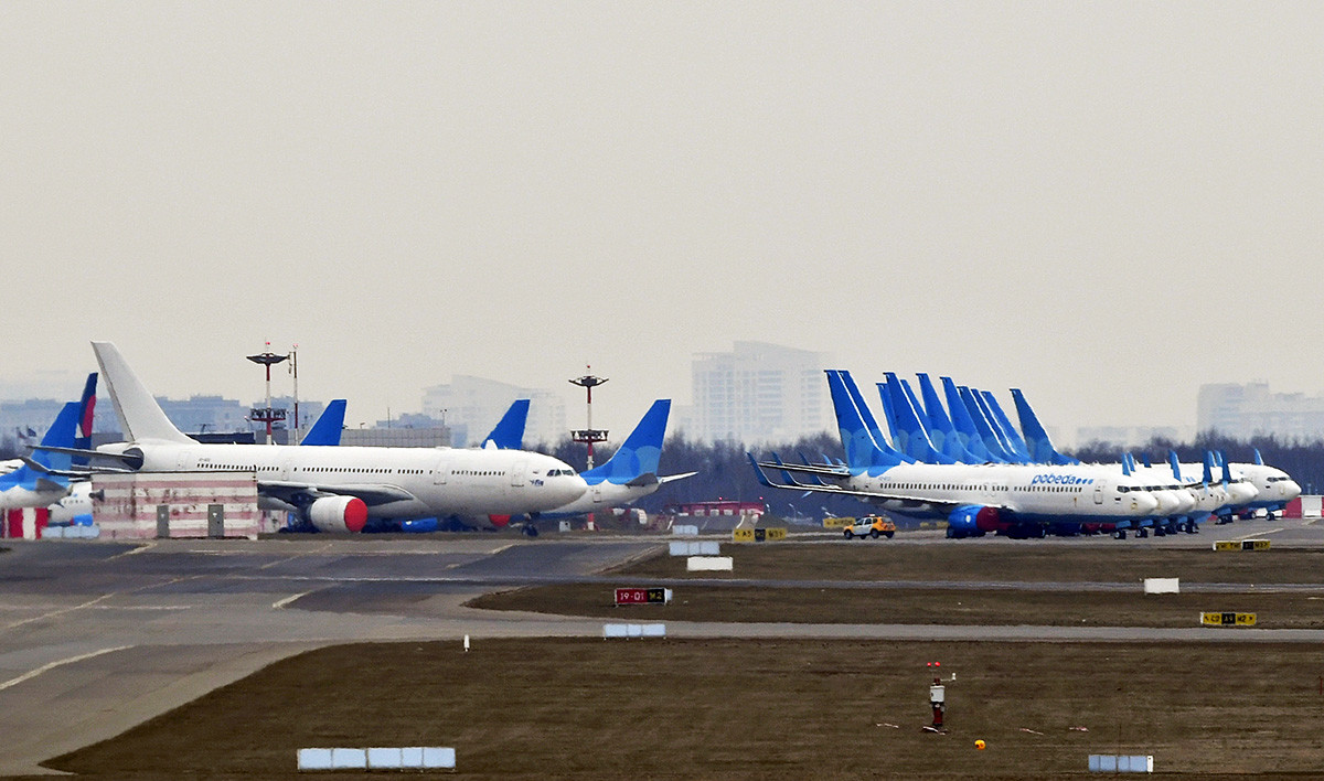Planes of the Pobeda airlines at the Vnukovo airport.