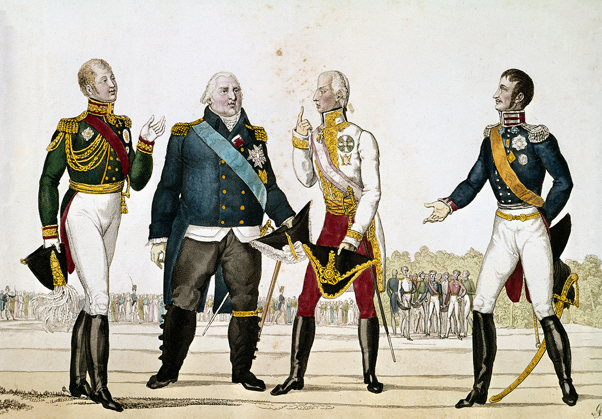 Alexander I of Russia, Louis XVIII of France, Francis I of Austria and Frederick William III of Prussia, 1815, coloured engraving.