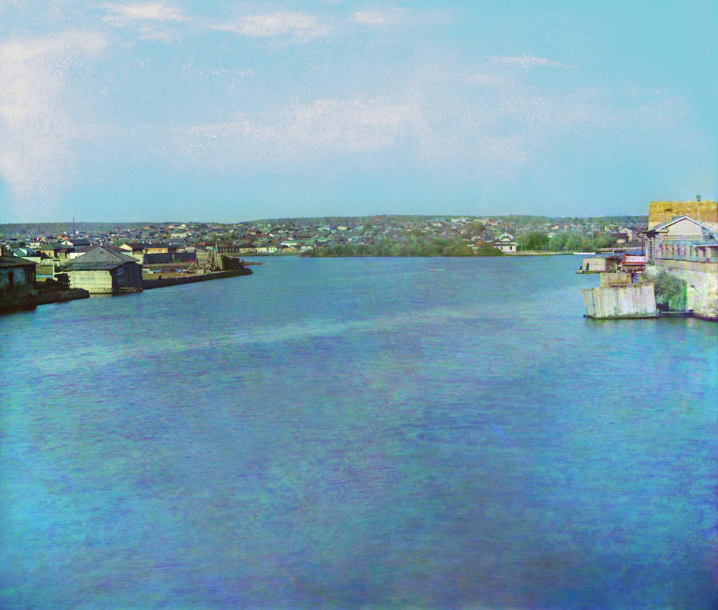 View of Chelyabinsk up the Miass River from bridge at Ufa (now Kirov) Street. Photo: Sergey Prokudin-Gorsky. Late summer 1909.