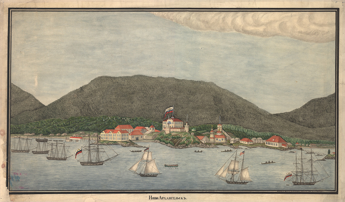 The Russian-American Company's capital at New Archangel (present-day Sitka, Alaska) in 1837.