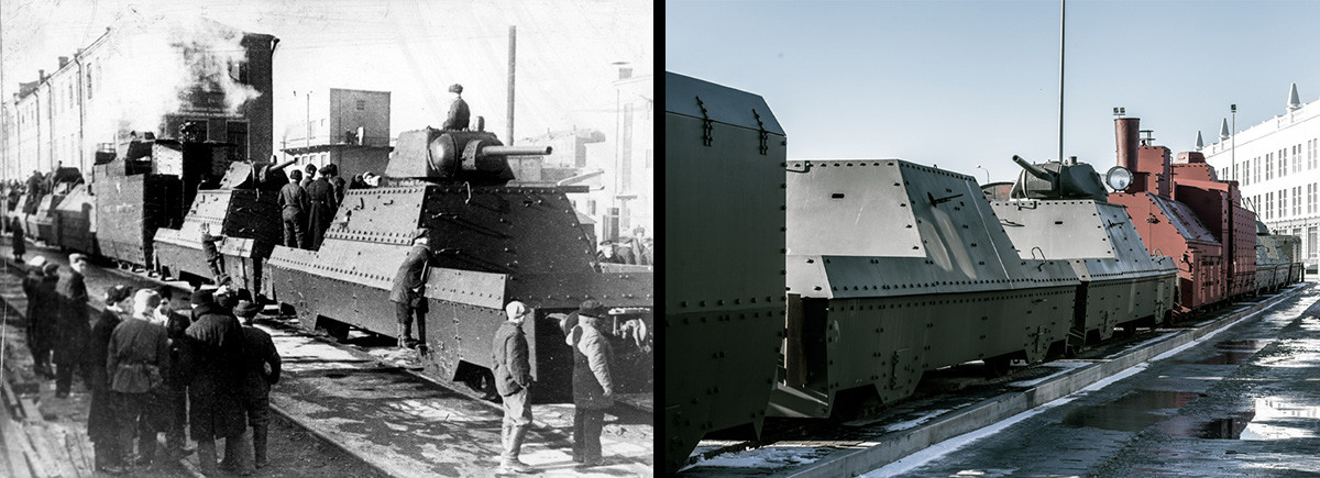 BP-43, a 1943 armored train. The locomotive is in the center of the train to push the wagons forward and back. In front of the locomotive and behind it are artillery platforms mounted with T-34 tank turrets and machine-gun nests. The train has anti-aircraft platforms fitted with AA guns.