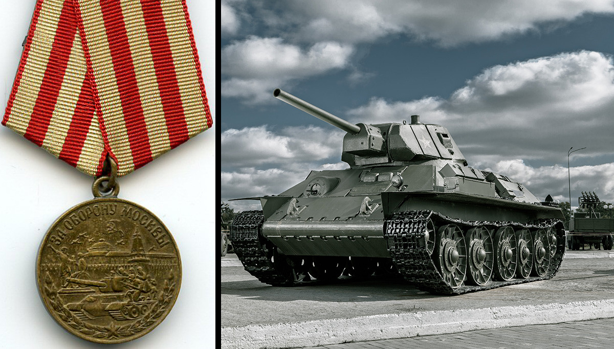 На медали «За оборону Москвы» изображен танк Т-34 на фоне кремлевской стены.