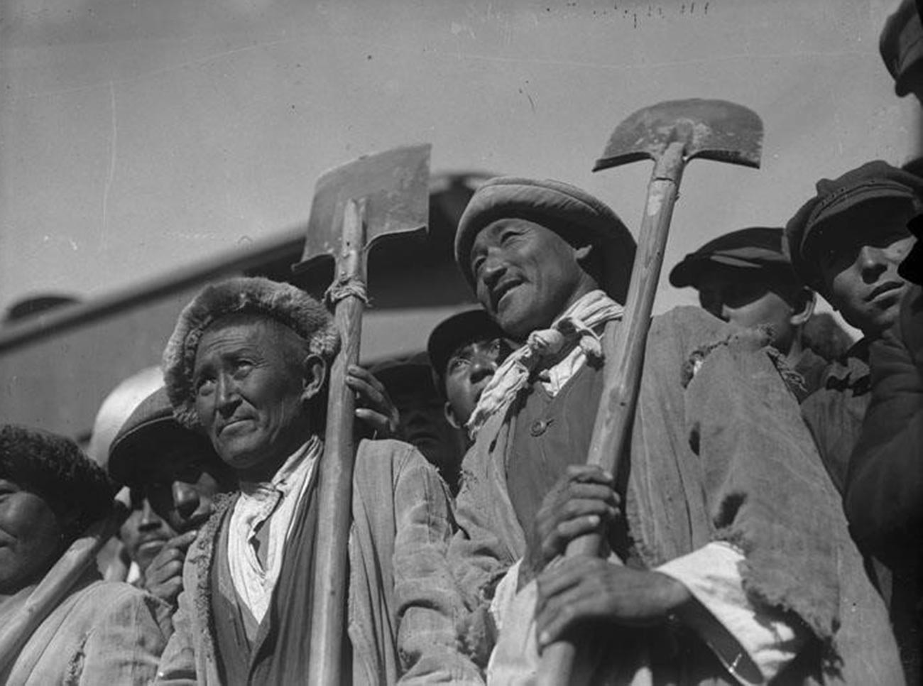  Kazakh builders of TURKSIB, one of the main construction projects of the first five-year plan of Stalin's industrialization. The railway connected Siberia with Kazakh and Kyrgyz republics; 1930.