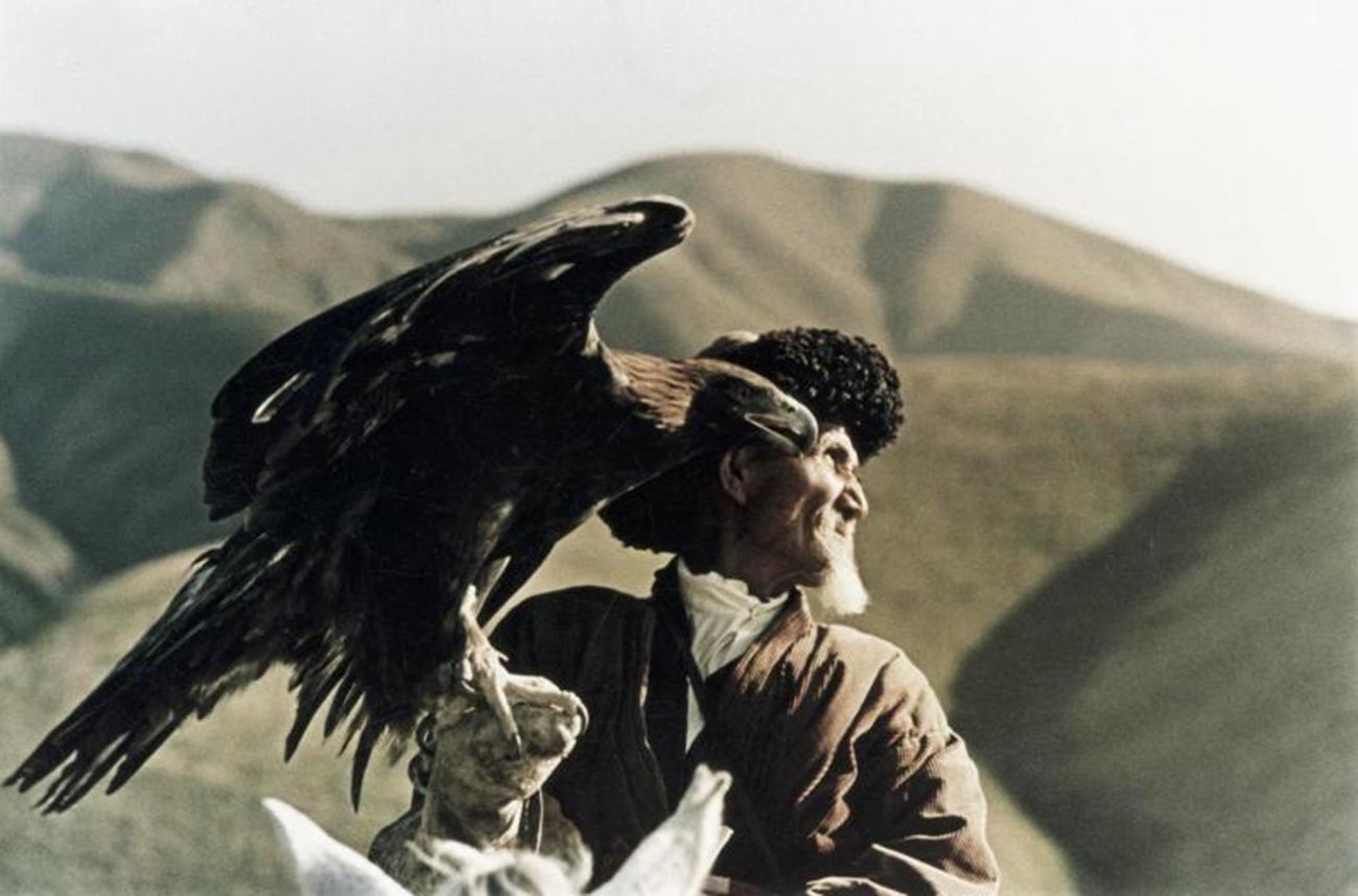 A hunter with a golden eagle, the Kazakh Republic; 1963.