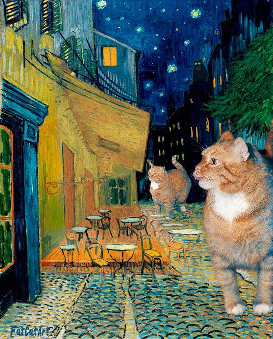  Vincent van Gogh, ‘Terrace of a café at night during quarantine visited by giant cats’