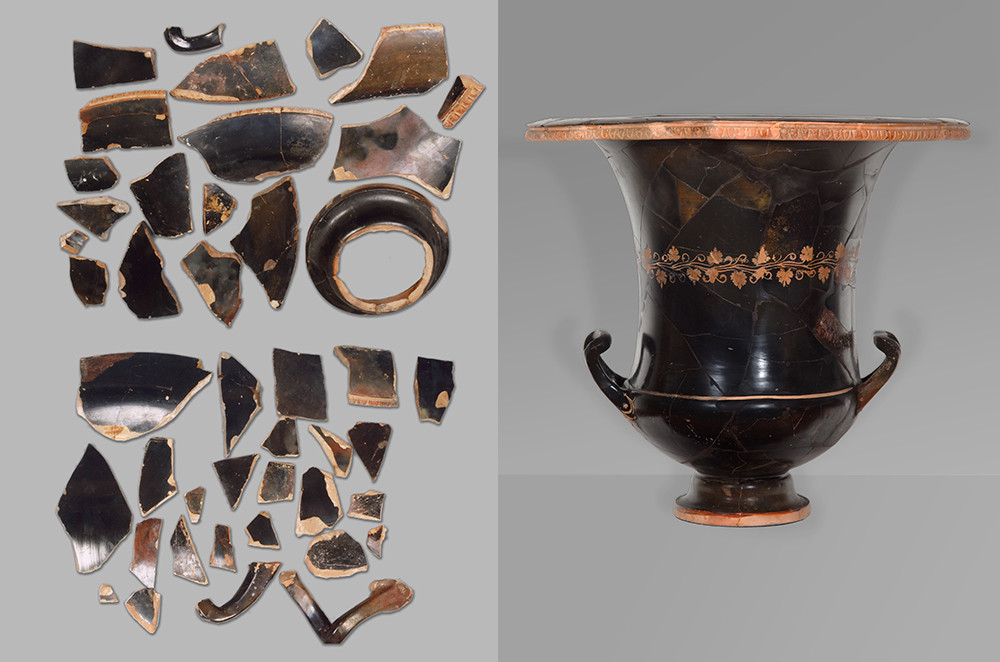 Cratère en céramique noire laquée et richement décoré / Péninsule de l’Attique (Grèce), début du IIIe siècle avant JC