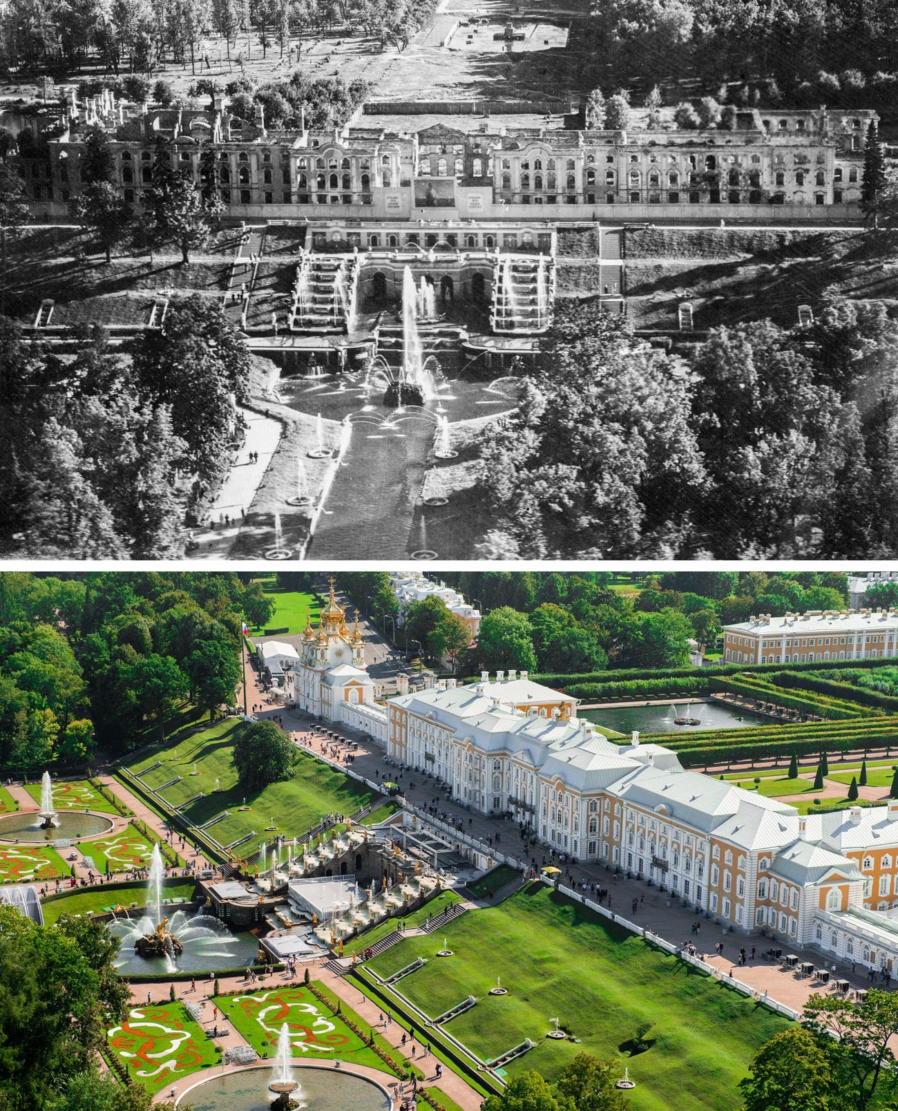 Поглед на горњи парк, Велики дворац и фонтану „Велика каскада” 1944. године и данас