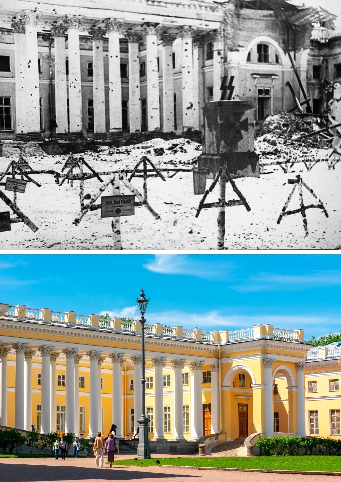 Os terrenos em frente ao Palácio de Alexandre em Tsárskoie Selô foram usados pelos alemães como cemitério