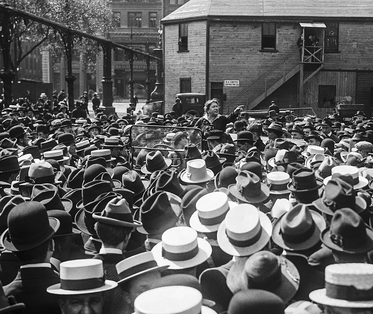 Emma Goldman standing in car speaks about birth control at Union Square Park in 1916.