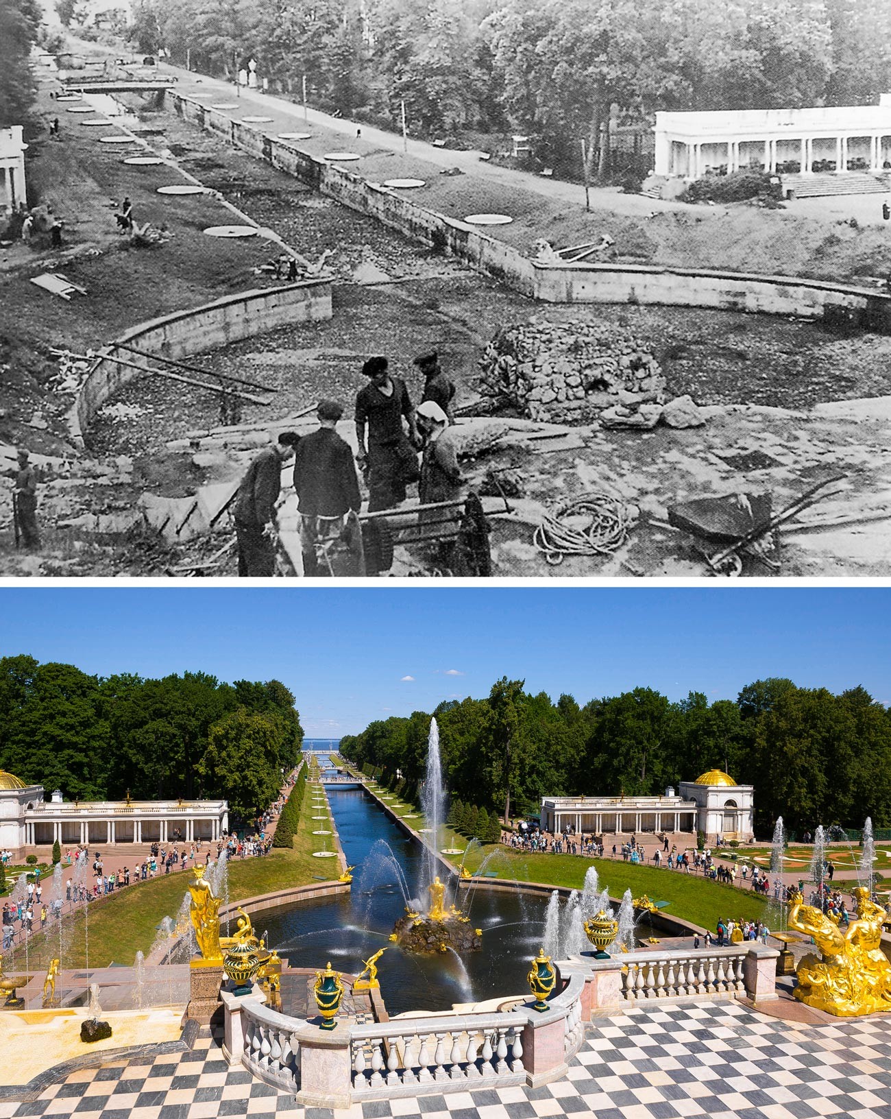 The Grand Cascade fountain in 1946 and now