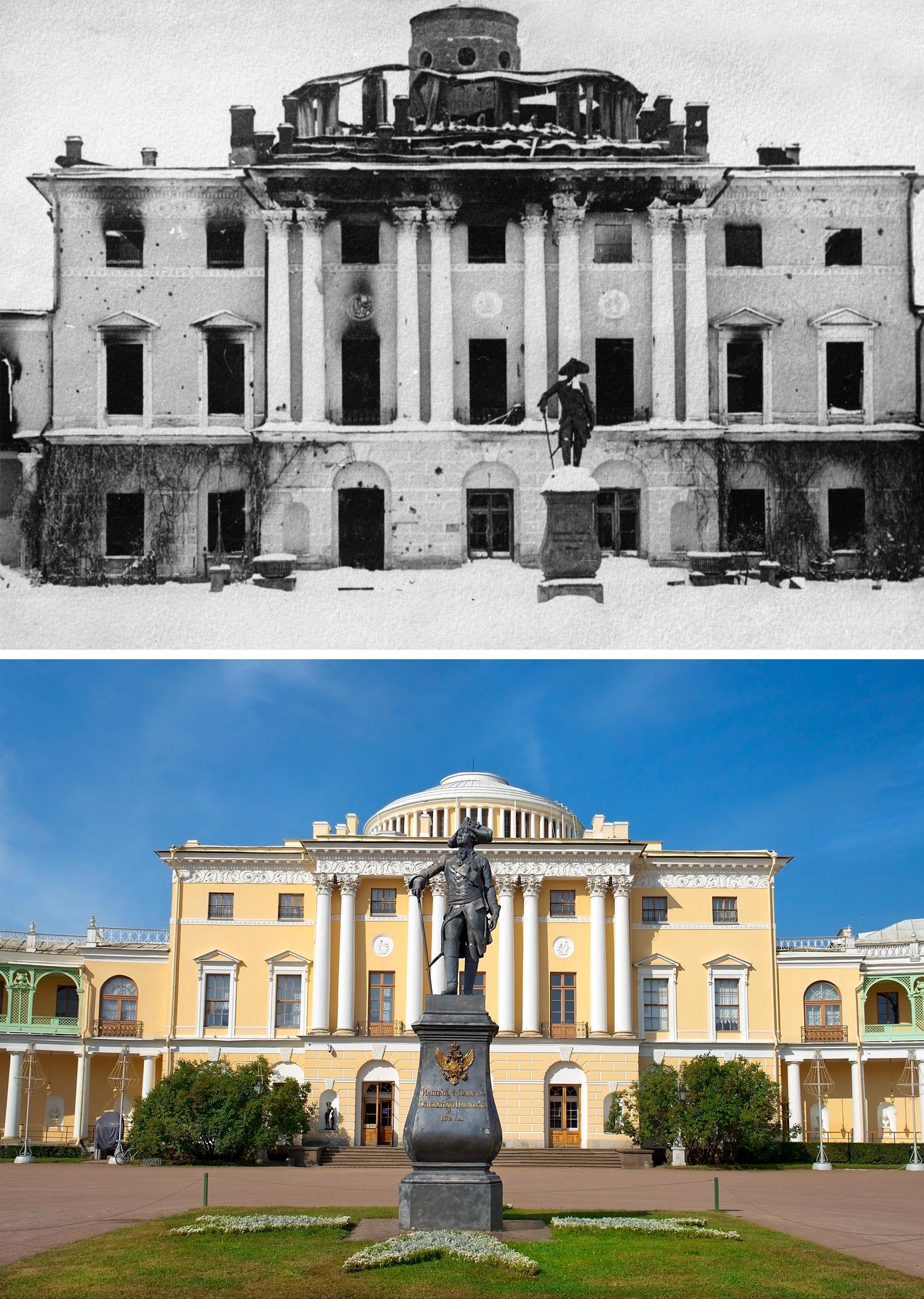 Istana Pavlovsk pada 1944 dan sekarang.