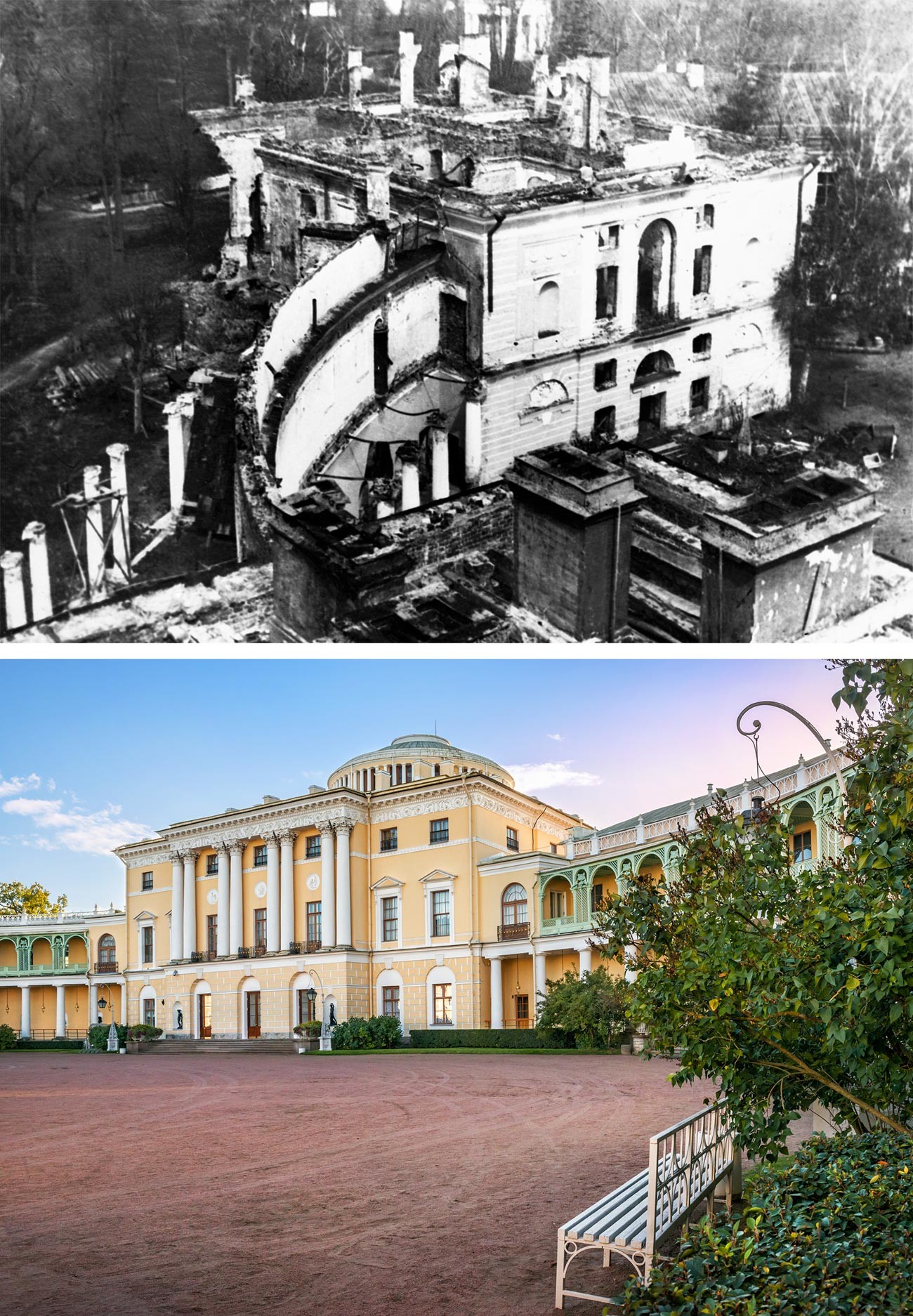 Istana Pavlovsk pada 1944 dan sekarang.