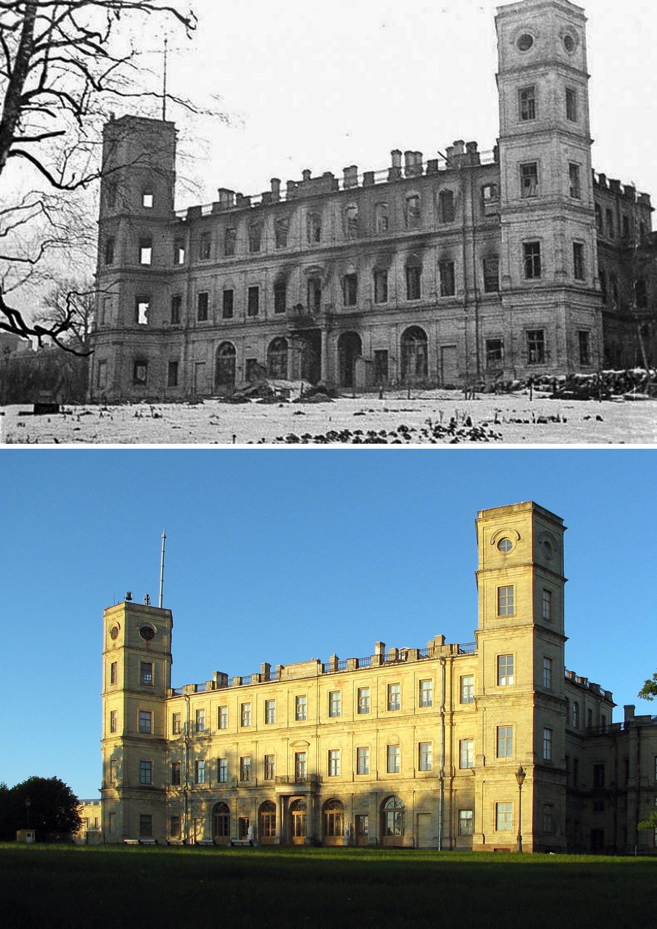 Fasad utara istana pada 1944 dan sekarang.