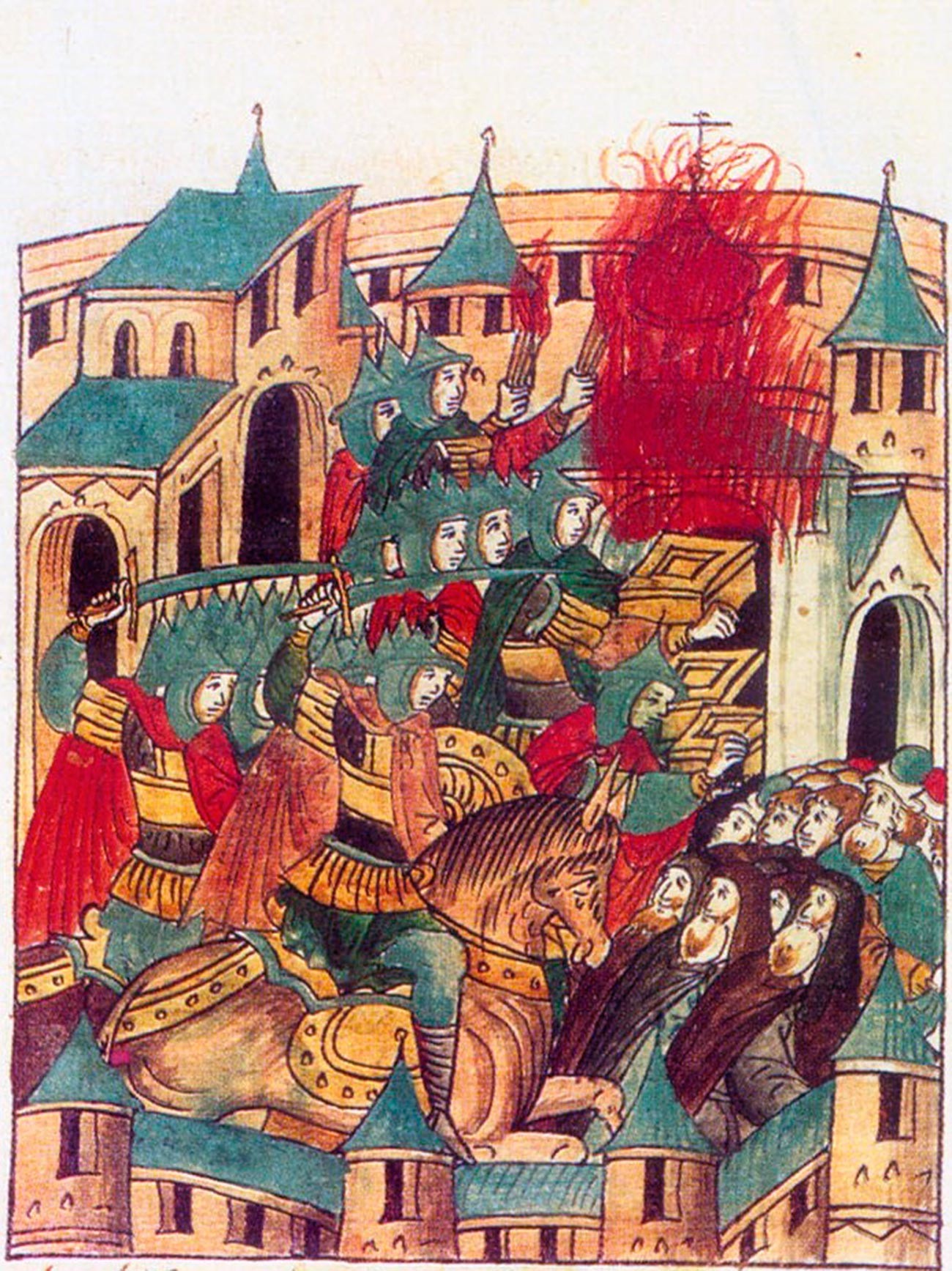 The sacking of Suzdal by Batu Khan in February 1238. Mongol Invasion of Russia. A miniature from the sixteenth-century chronicle