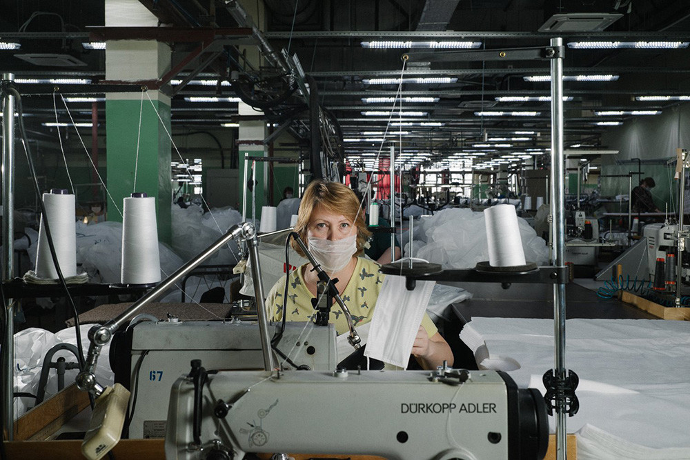 A sewing factory making face masks
