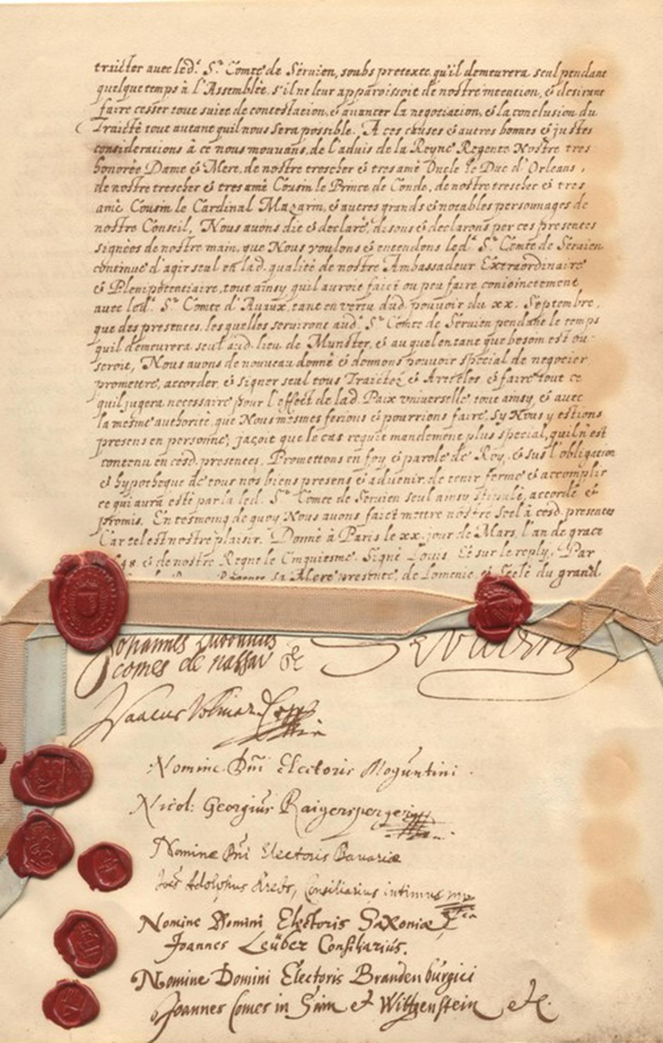 A última página dos Tratados da Paz de Vestfália, escrita em francês.