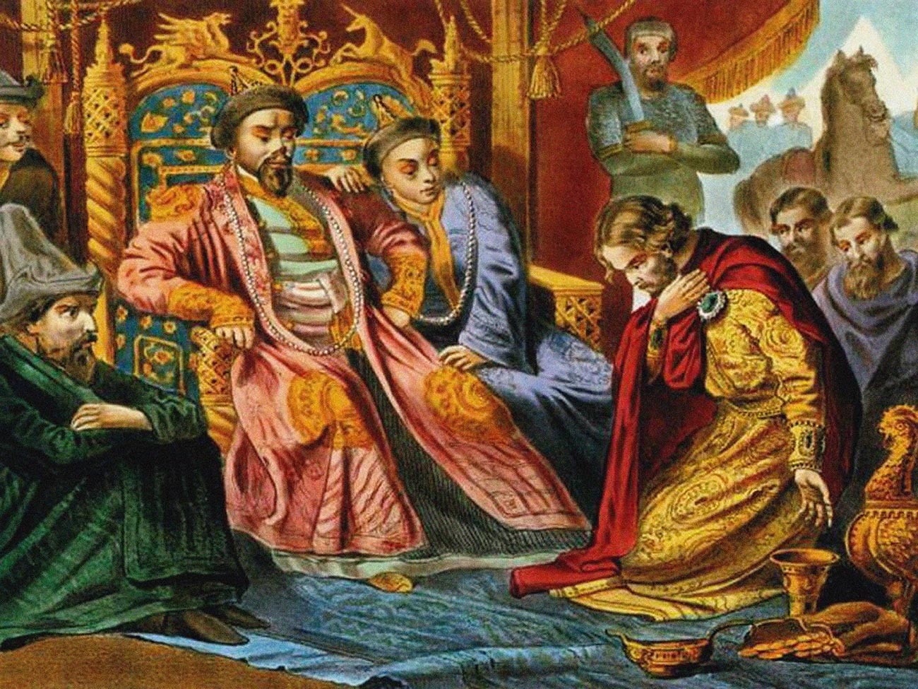 O Príncipe Aleksandr Niévski implorando a Batu Cã que tivesse misericórdia quanto à Rússia, em pintura do final do século 19. Obra encontrada na coleção da Biblioteca Estatal Russa, em Moscou.