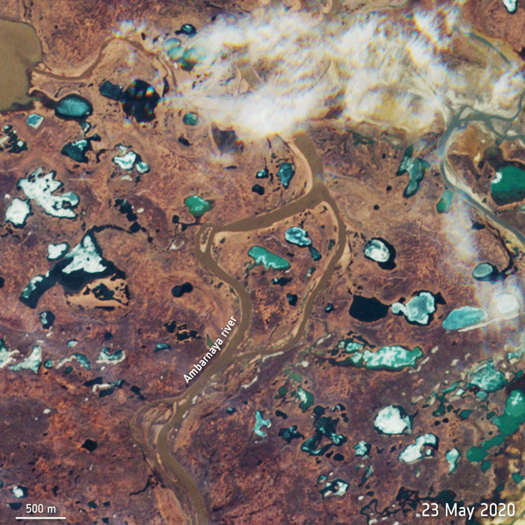 Satelitski posnetek posledic razlitja v okolici Norilska