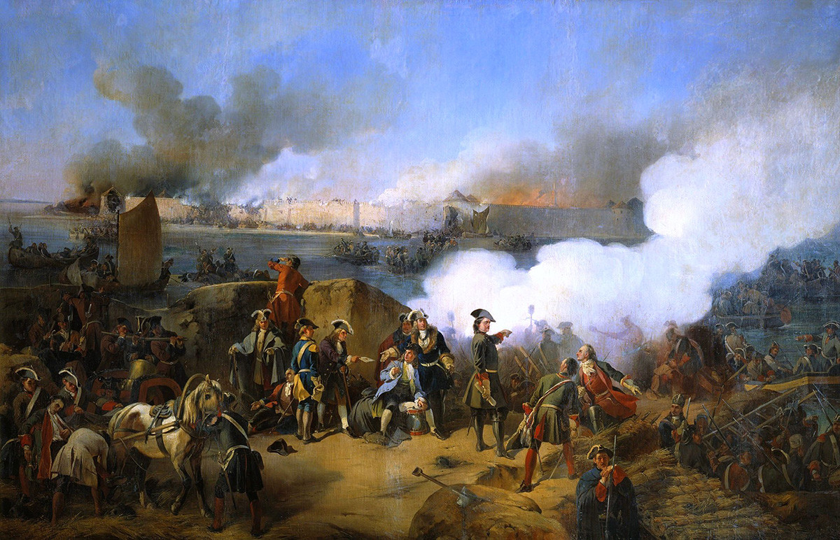 The storm of Swedish fortress Noteburg in October, 1702, by Russian troops. The Russian Tsar Peter I is shown in the center. Alexander von Kotzebue.