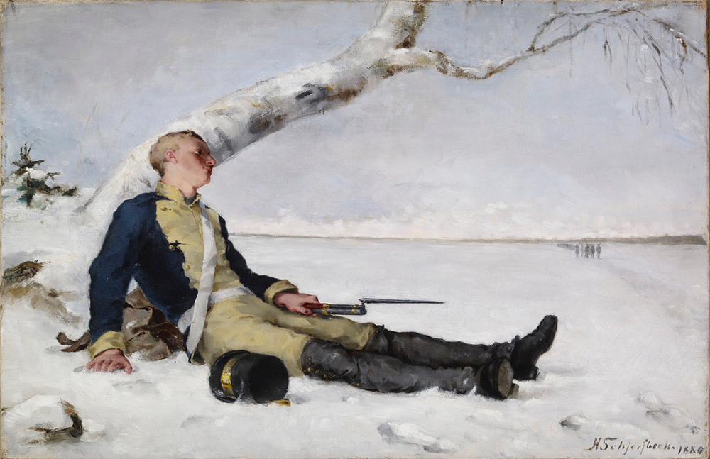 『雪の中の傷ついた戦士』、画家ヘレン・シャルフベック、1880年