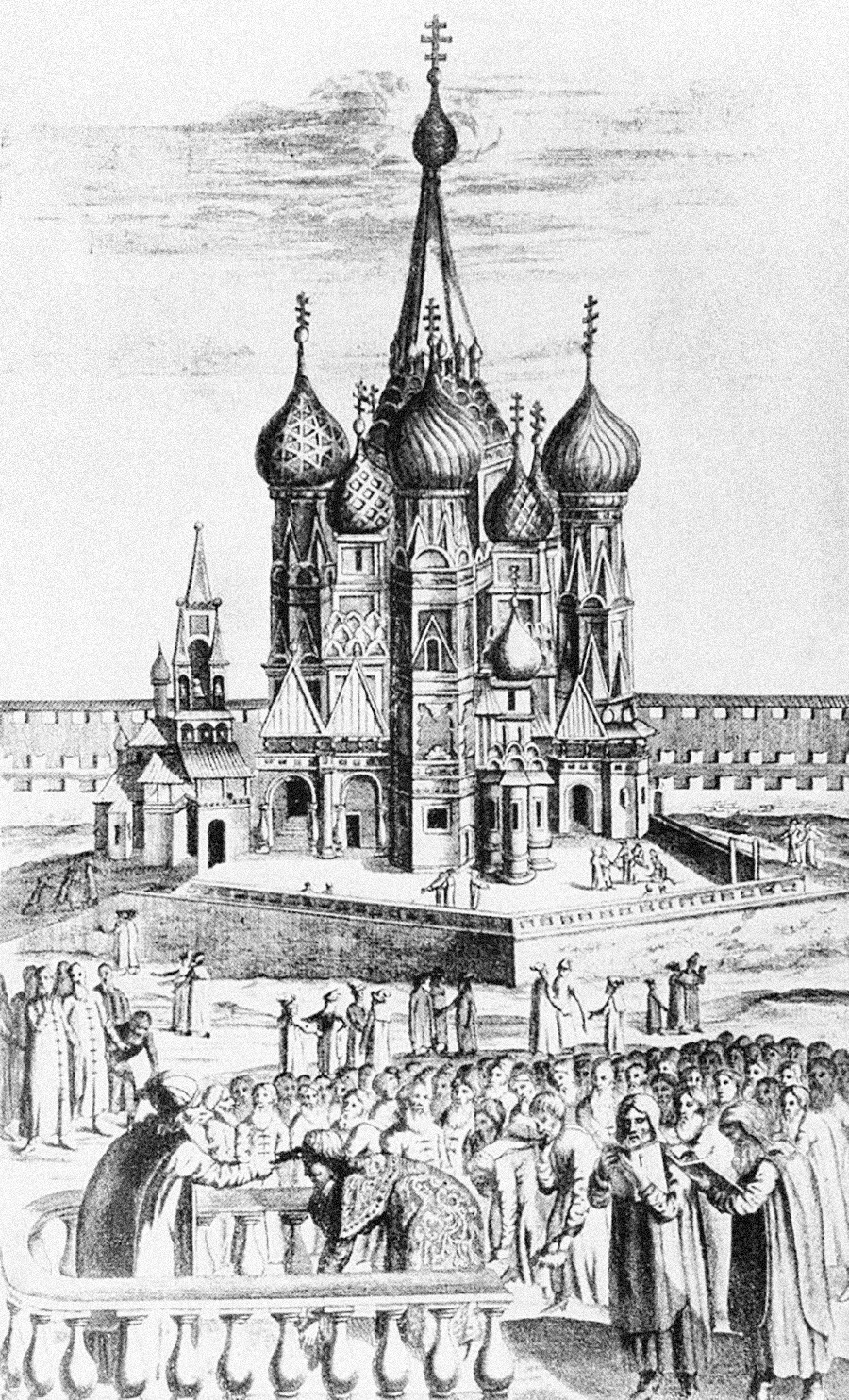 A 17th-century view of the St. Basil's Cathedral in Moscow. Woodcut, 1634.