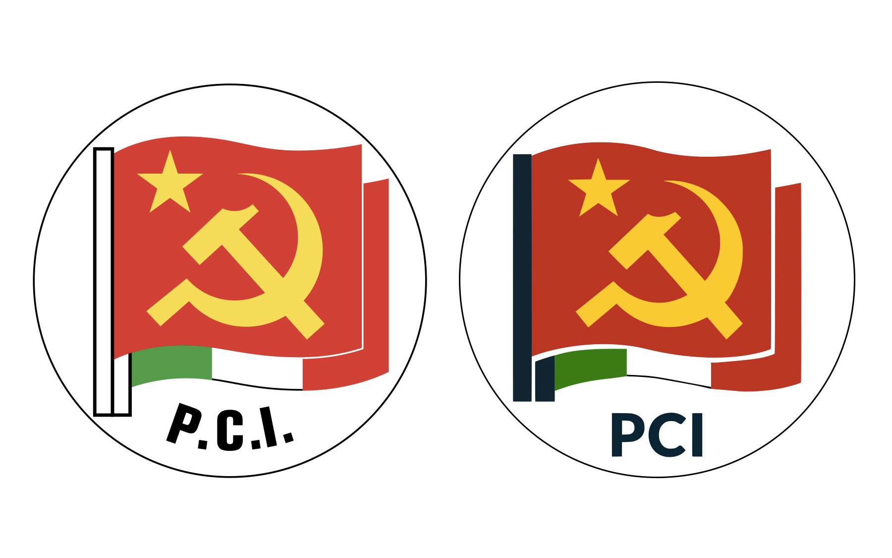 A sinistra, lo storico simbolo del Partito Comunista Italiano disegnato da Renato Guttuso e utilizzato dal 1953 al 1991. A destra, quello del Partito Comunista Italiano, realizzato nel 2016