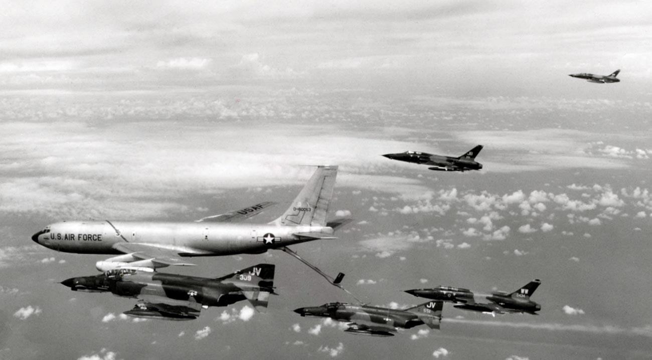 A U.S. Air Force SAM Hunter killer group of the 388th Tactical Fighter Wing takes fuel on the way to North Vietnam for a strike during 