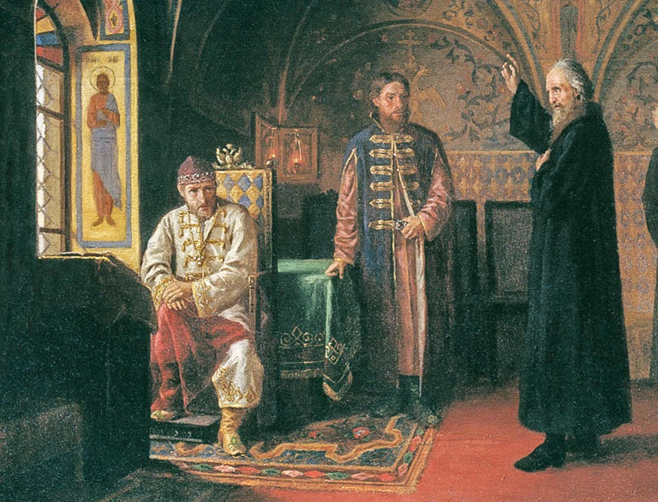 «Митрополит Филипп обличает Ивана Грозного» (1800), художник Яков Турлыгин. Иван Грозный изображен в тафье