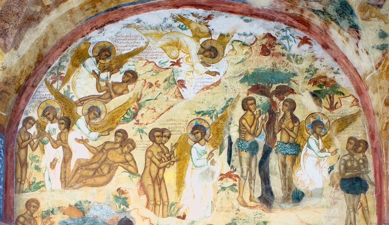 Church of St. Nicholas Nadein. West gallery, north wall. Mid-17th-century frescoes of Adam & Eve, Expulsion from Paradise. August 15, 2017  